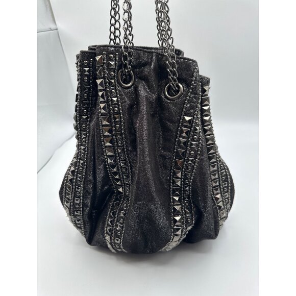 Imoshion 10"x 9" Studded Bucket Shoulder Chain Black Bag – Edgy Glam Rock Chic - Picture 12 of 13